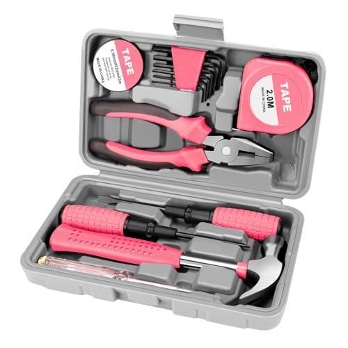 XDENGP 13 Piece Pink Tool Set, Mini Tool Box for Women. Home Tool Kit with Plastic Storage Toolbox for All Purpose Office, Garage, Apartment and College Dorm