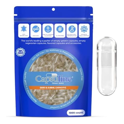 Capsuline Size 0 Empty Gelatin Capsules, Clear - 1000 Count | Gluten Free, Kosher, Non-GMO Certified | Pure Bovine Pill Caps for DIY Supplement Filling Cover