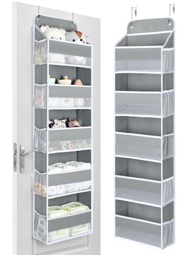 Image of Yecaye 1 Pc Over the Door Organizer with 5 Bins 10 Side Pockets, 44lbs Load Hanging Bathroom and Bedroom Organizer, behind the Door Hanging Organizers for Nursery Newborn Baby Essential Stuff Grey