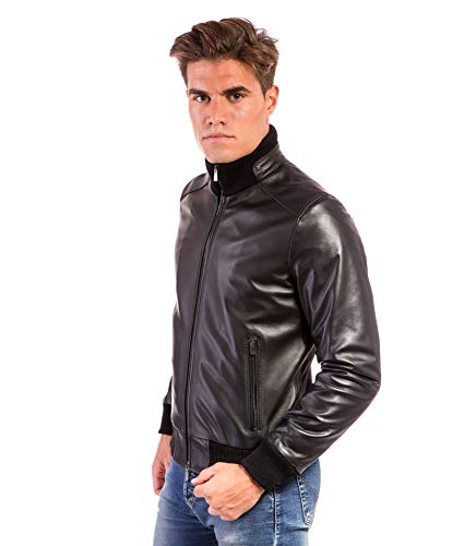 Blouson Bomber en cuir homme noir Made in Italy col élastiqué – vue 3
