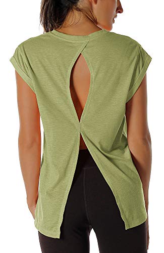 icyzone T-Shirt de Yoga Femme Manches Courtes - Fitness Running Décontracté Tops Dos Ouvert (M, Pois sucré)