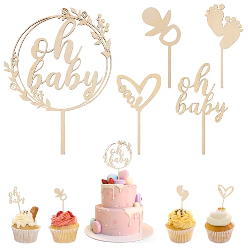 TNEDFOD 5 Piezas Topper Madera, Decoración de Tartas, Decoración de Baby hower, Revelación de Género para iñas, Niños, Tartas y Postres Cake Topper Decoracion