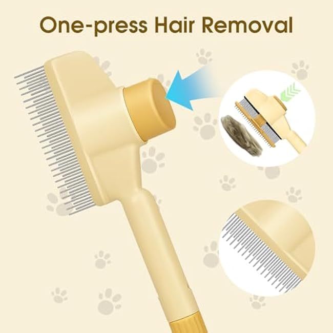 Self-Cleaning Cat and Dog Comb ¨C 2-in-1 Pet Hair Removal and Flea Comb with Stainless Steel Teeth and One-touch Release Button, Suitable for Hair Removal, Detangling, and Grooming Yellow-NdPDHj5U
