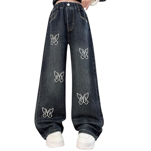 Kids Girls Bow Jeans Wide Leg Baggy Button Denim Pants Elastic High Waist Trousers Trendy Y2k Streetwear with Pockets