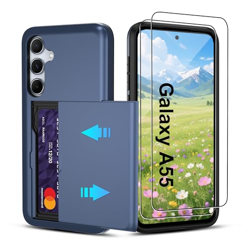 Pilaru Compatible with Samsung Galaxy A55 5G Case with Card Holder Dual Layer Heavy Duty Protective Shockproof Hidden Card Slot Slim Wallet Phone Cover for Women&Men for A55 Phone Case (Blue) - image 1