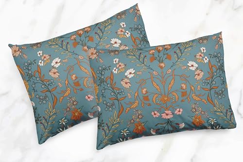 Image of Boho Bohemian Farmhouse Teal Blue and Orange Wildflower Garden Floral Duvet Comforter Cover and Sham 3 pc King Size Bed Bedding Set Bedroom Flower Botanical Cottagecore Patterned Vintage Turquoise
