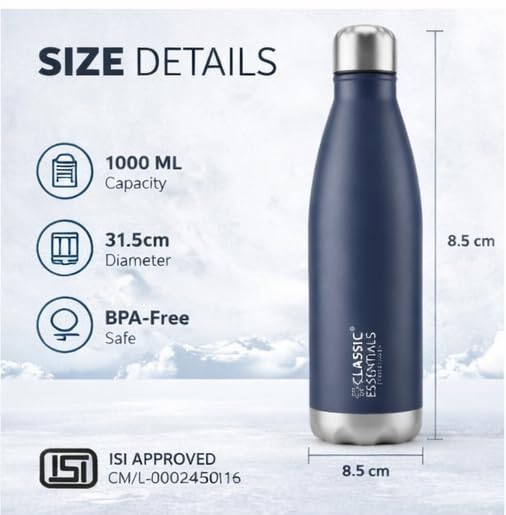 Image of CLASSIC ESSENTIALS Insulated Double Wall Vacuum Stainless Steel Water Bottle 24 Hours Hot and Cold BIS Approved,100% Leakproof Lid,Sweat Proof Water Bottles, Great for Travel Picnic Navy Blue-1000ml