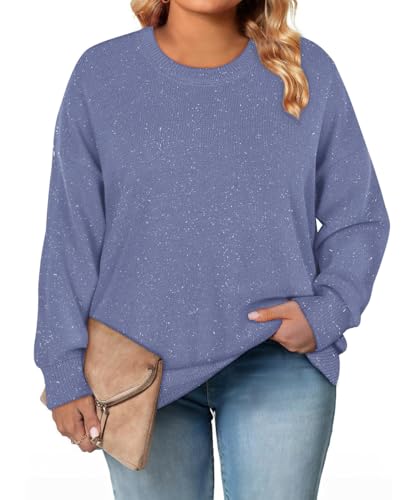 CARCOS Plus Size Sweaters for Women Solid Crew Neck Knit Tops Casual Long Sleeve Pullover Sweater Sparkly Tunic Shirts