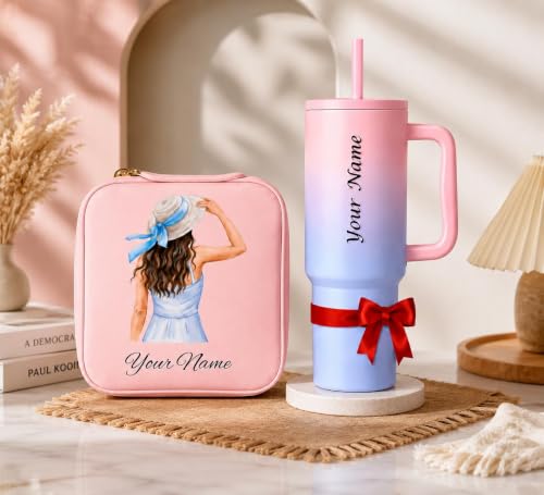 Image of WEZOSHINET Zephorus Personalized PU Travel Pouch & 40oz Insulated Tumbler Gift Combo Custom Name Printed Gift Set Makeup Organizer Pouch with Stainless Steel Vacuum Travel Mug Birthday, Anniversary