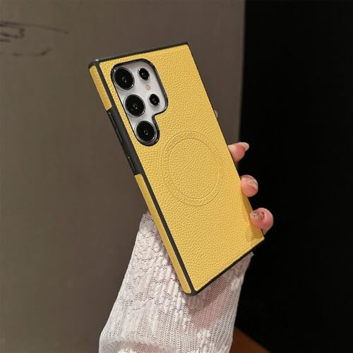 Coque Samsung S22 Ultra antichoc couleur unie jaune avec motif litchi de luxe
