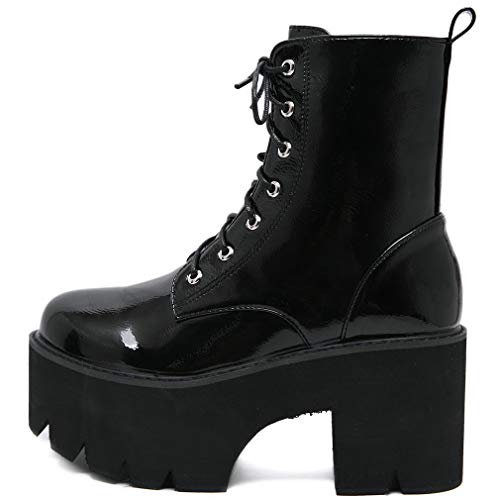 Image of Parisuit Womens Goth Patent Ankle Boots Platform Chunky Combat Boots