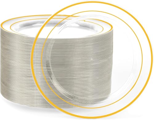 I00000 100Pcs Small Clear Gold Dessert Plates,Clear Disposable Plates with Gold Rim 7 Inch,Premium Hard Fancy Small Plate,Perfect for Birthday, Wedding & Party