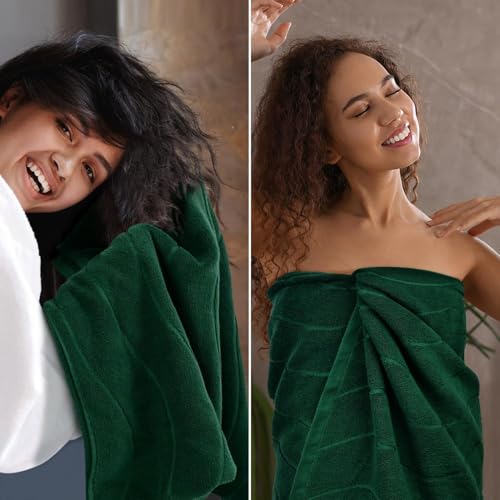 Juego de 2 toallas de baño de algodón verde oscuro con relieve de rayas onduladas 4