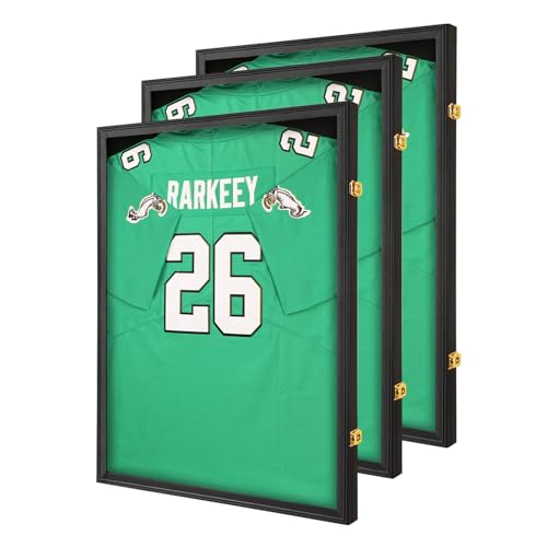 Image of Jersey Frame Display Case 3 Pack for Wall ,Large Lockable T-Shirt Shadow Box with Clear UV Protection Acrylic & Hangers for Football Basketball Baseball Soccer Hockey, Matte Black