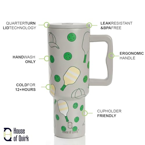 Image of House of Quirk 1200ML Stainless Steel Tumbler with Handle & Lid, 2 Straws - Large Travel Mug Water Cup for Gym, Office & Outdoor Use (Pickleball)