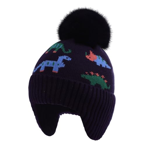 Toddler Winter Hat Boys Girls Beanie with Earflaps Fleece Lined Knit Kids Pom Pom Ski Cap for Ages 2-10