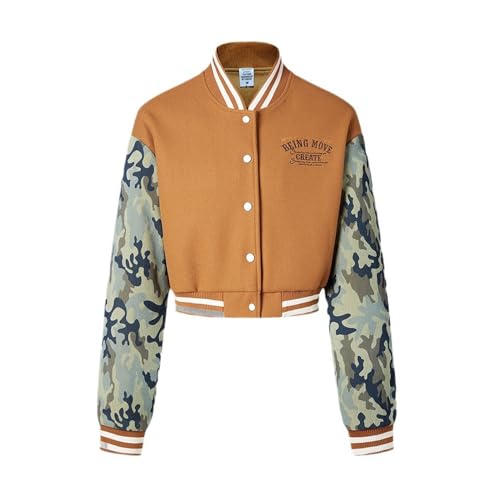 Mi Bo Tong Trendy Camouflage Patchwork Jacket Loose Long Sleeved Single Breasted Fashion Coat for Girls