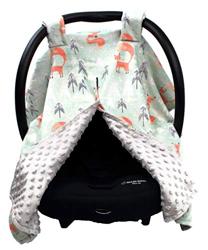 Image of Dear Baby Gear - Baby Car Seat Canopy - Infant Car Seats Covers - Carseat Canopies for Boys and Girls - Toddler Carseat Cover with Snap Opening (Woodland Foxes and Pine Trees, Light Gray 40 inchx30 inch)