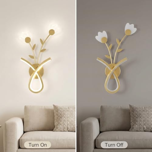 Image of Wall Light 3-Color CCT (Warm + Natural + Cold White) LED Gold Floral Vase Design Metal Acrylic Wall Lamp for Bedroom Living Room