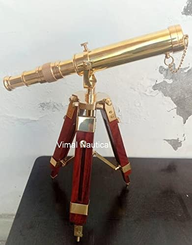Vimal Nautical Brass Telescope with Wooden Tripod Stand, Decorative Maritime Antique Style, Gold and Brown