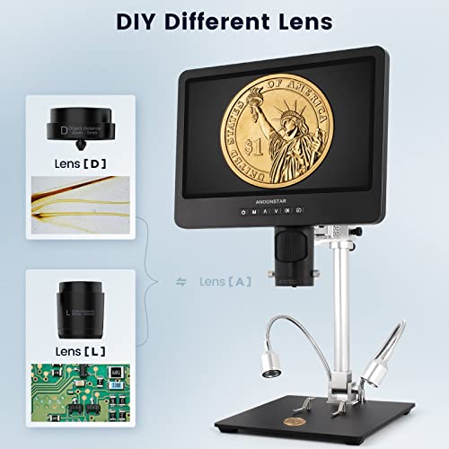 Image of Andonstar AD249SM 10.1 inch 2160P UHD HDMI Digital Microscope 2000X, 3 Lens Soldering Digital Microscope with Arm Boom Metal Stand for PCB SMD Electronics Repair, Biological Microscope Kit, 32G Card