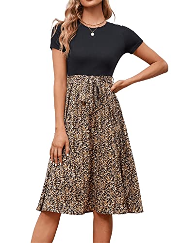 GORGLITTER Damen A-Linie Kleid Blümchen Knielang Midikleid Böho 2-in-1...