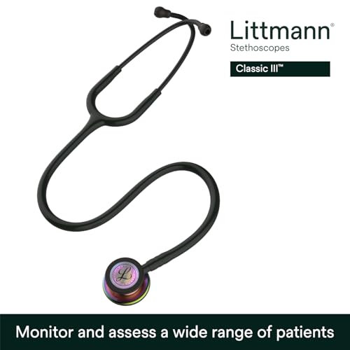Image of 3M Littmann Classic III Monitoring Stethoscope, 5870, More Than 2X as Loud, Weighs Less, Stainless Steel Rainbow-Finish Chestpiece, 27 inch Black Tube, Stem and Headset