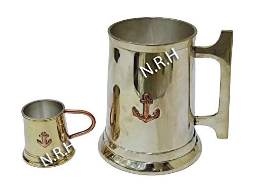 Nautical Replica Hub Moscow Mule PURE Brass Mug Handcrafted of 100% Pure THICK Brass- Straight Smooth Finish With anchor Design (Set of 2 Mug Small and big)
