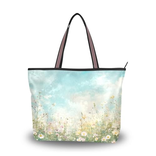 Sevdomey Sac fourre-tout coloré en forme de coquelicots pour femme avec fermeture éclair, sac à main en toile de grande capacité pour le travail, les...