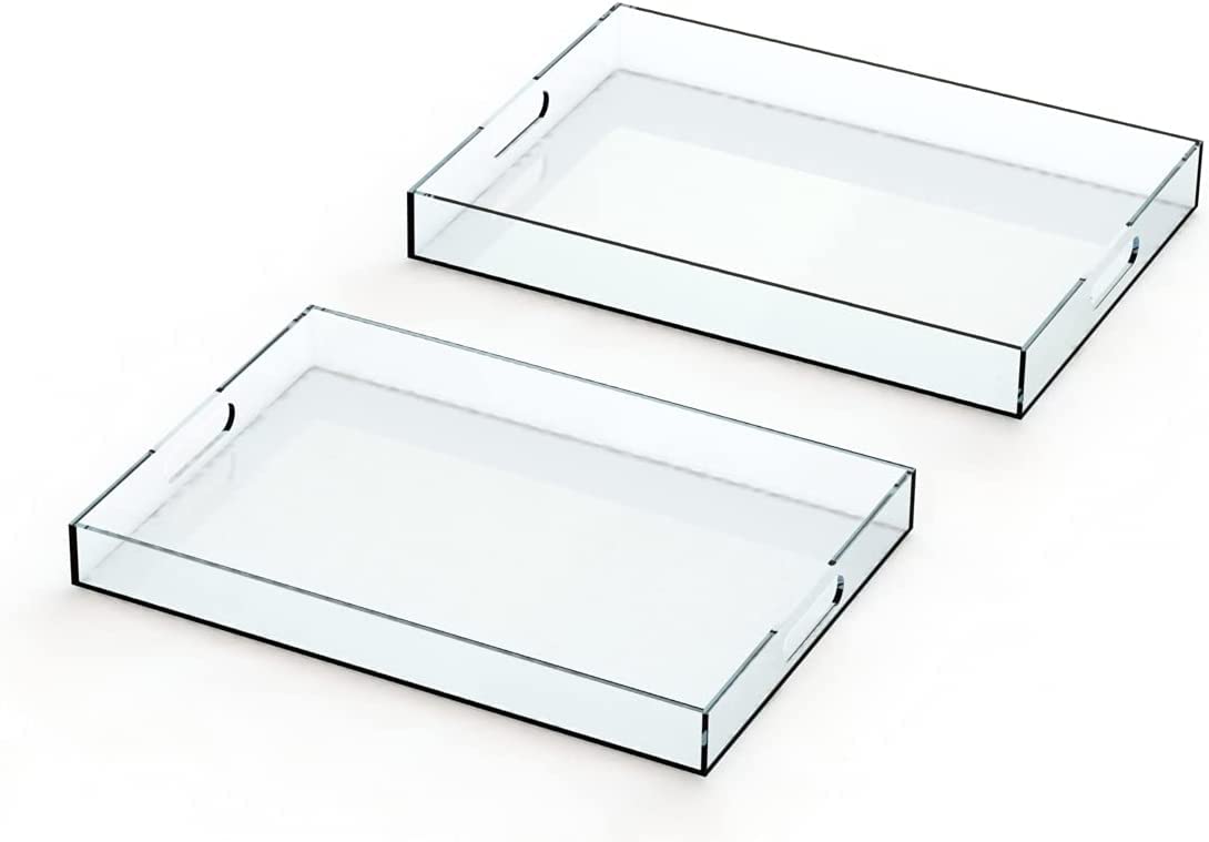 Bandeja de plástico acrílico con asas – Bandeja rectangular grande – Desayuno, té, café, alimentos, bebidas, – Juego de 2: 42 x 30 x 5 cm y 40 x 28 x 4,3 cm (transparente)
