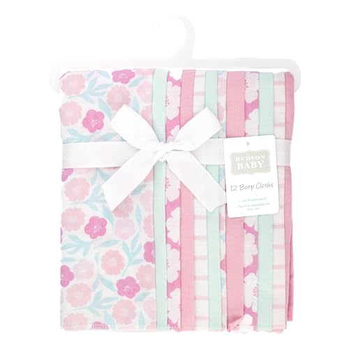 Image of Hudson Baby Infant Girls Cotton Flannel Burp Cloths 12-Pack Bundle, Pink Daisies, One Size