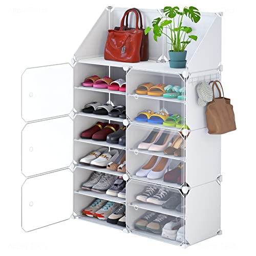 Nihome Stackable Shoe Organizer With Doors - Holds 24 Pairs, Expandable Closet Shoe Rack, Plastic Cabinet With Free-Standing Design For Home, Office And Garage Storage (White) #TOP24