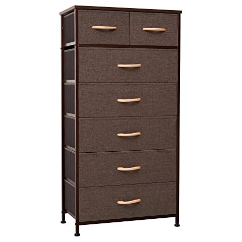 Crestlive Products Vertical Dresser Storage Tower - Sturdy Steel Frame, Wood Top, Easy Pull Fabric Bins, Wood Handles - Organizer Unit for Bedroom, Entryway, Closets - 7 Drawers (Brown) Cover