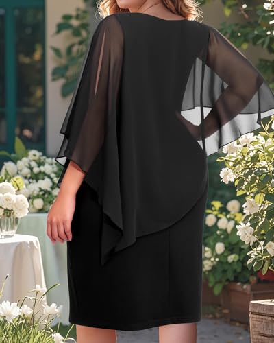 Pinup Fashion Plus Size Dresses for Wedding Guest - Women Cape Cocktail Party Chiffon Overlay Pencil Dress4