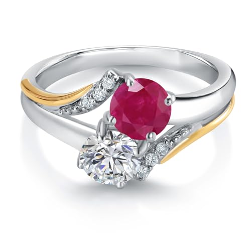 Gem Stone King 925 Silver and 10K Yellow Gold Lab Grown Diamond and Red Ruby Engagement Ring For Women | 1.09 Cttw | Round 5MM | Gemstone April Birthstone | Available in Size 5,6,7,8,92