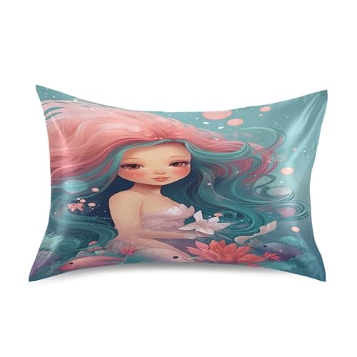 FLildon Satin Pillowcase Pink Mermaid Girl Pillow Cases Soft Silky for Hair and Skin with Envelope Closure, Queen Size, 1 Pack