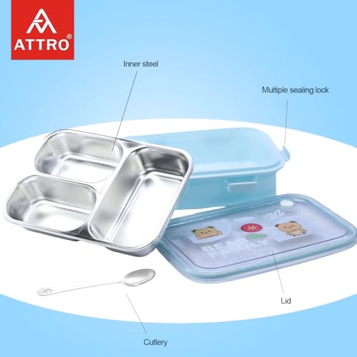 Image of Attro Bento 3 Deluxe Lunch Box with Inner Stainless Steel & Secure Lock Cute Eye Catchy Design Food Grade, Leakproof, Vacuum Seal Design Use for School Kids & Outdoor- 750ml Blue