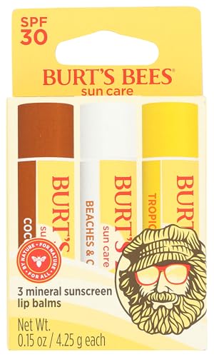 Image of Burts Bees SPF 30 Lip Balm, Island Getaway, Coco Loco, Beaches & Cream, Tropic Like It's Hot, Water-Resistant Sun Care, Natural Origin Lip Treatment, 0.15 oz., Three Tubes