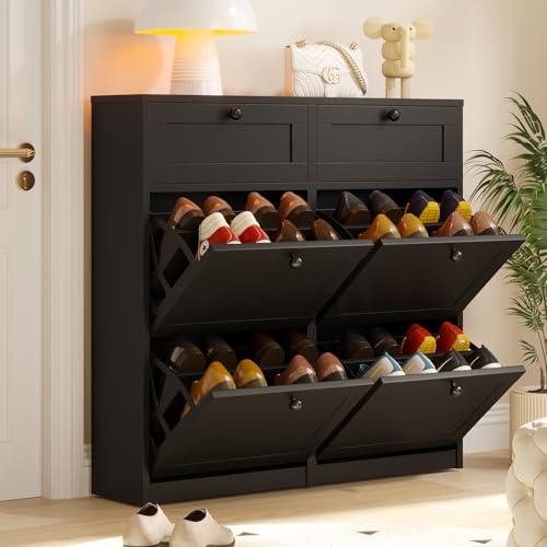 VOWNER Shoe Cabinet with 4 Flip Drawers & 2 Drawers, Freestanding Shoe Storage Cabinet with Adjustable Shelves, Shoe Organizer for Entryway, Hallway, Living Room (Black)