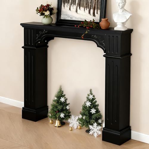 Image of HOMEDIARY Rustic Black Freestanding Fireplace Mantel, Modern Painted Fireplace Surround with Mantel for Living Room, Grade A MDF Mantel Surrounds with Legs for Home Decor /Wall Decor, Anti-Tipping