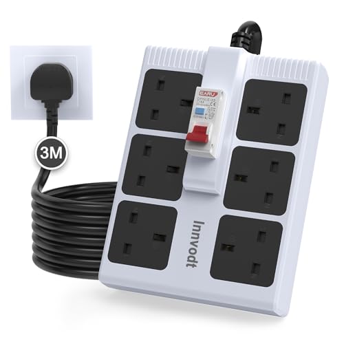 Innvodt 6 in 1 RCD Surge Protected Extension Lead, 3M Heavy Duty Extension Lead with Leakage Protection 13A/3250W Plug Power Strip for Workshop/Garage