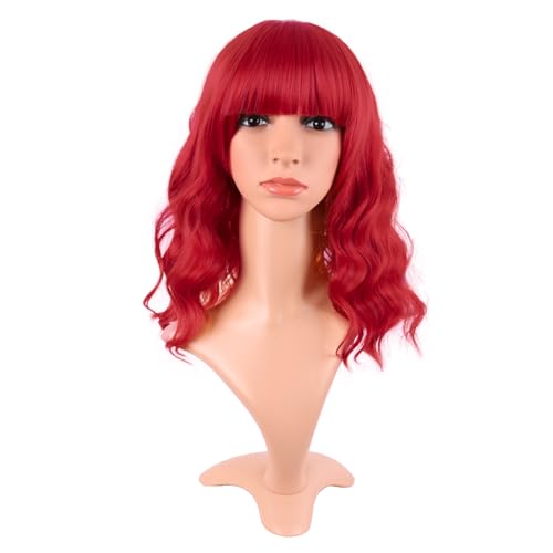 Image of MapofBeauty 14 Inch /35 cm Short Wavy Curly Women Fresh Bright Synthetic Ordinary Flat Bangs Bob Wig (Bright Red)