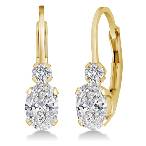 Gem Stone King 14K Gold White Lab Grown Diamond Leverback Earrings For Women | 0.86 Cttw | Oval 6X4MM and Round 2MM | DEF Color | VVS-VS Clarity | 3/4 Inch