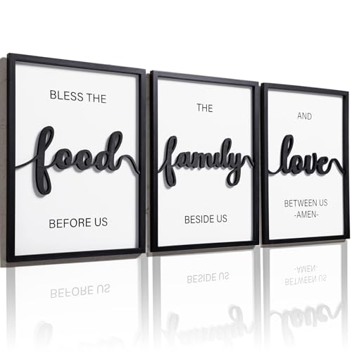 3D Wood Bless The Food Before Us Wall Decor 36 x 16 Framed Kitchen Wall Art for Dining Room Wall Decor(Ready to Hang 12x16 inches Set of 3 Framed)