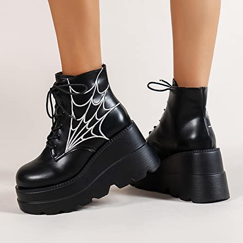 oiangi Wedge Boots for Women Platform Fashion Round Toe Lace Up Spider Web Embroidery Chunky Ankle Booties Casual Comfy Non-slip Ladies High Heel Shoes4