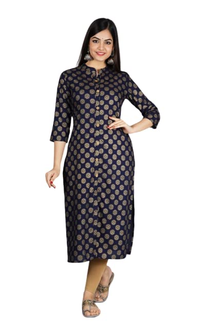 Image of Women's Rayon Printed Straight Fit Kurti with Front Slit (Blue-S)
