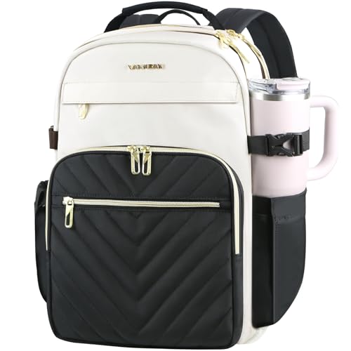 VANKEAN Laptop Backpack for Women with Giant Tumbler Holder Pocket,17.3 inch School College Book Bag Nurse Teacher Backpack,Waterproof Work Travel Backpack Purse Laptop Computer Bag, Bags Beige-Black