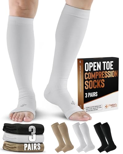 Doctor's Select 3 Pairs Copper Toeless Compression Socks Women & Men - 20-30 mmHg Open Toe Compression Socks Women, Knee High Black, White, Nude Compression Sock