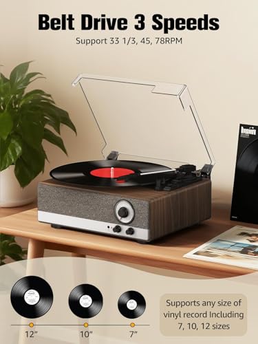 Image of 7-in-1 Vinyl Record Player with Built-in Speakers Bluetooth in & Out Belt Drive 3-Speed Turntables for Vinyl Records Support AM /FM Radio, Pitch Control & RCA Line Out & Auto Stop, Walnut