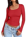 Trendy Queen Womens Long Sleeve Shirts Crop Tops Fall Fashion 2025 Square Neck Going Out Basics Tees Y2k Clothes Red XS